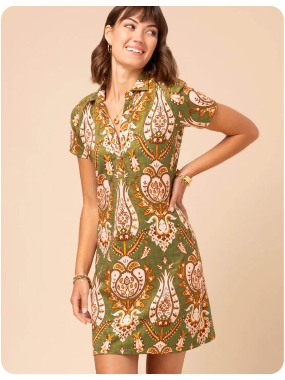 Spartina 449 Devin Polo Mercer House Damask Olive Short Sleeve Dress sz L